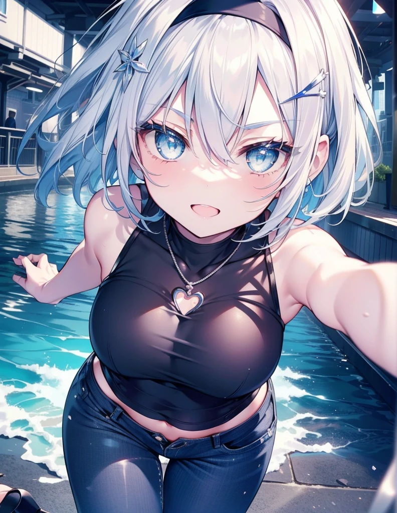 Sora Ginko, null　silver,short hair, Silver Hair, blue eyes, hair band,happy smile, smile, Open your mouth,Blue Tank Top,Heart Necklace,Skinny jeans,Stiletto heels,Daytime,Clear skies,Walking,whole bodyがイラストに入るように,　　　　　　　　　　　　　　　　　　break looking at viewer, whole body, 　　　　　　　　break outdoors, Building district, 　　　　　　　　　　　break (masterpiece:1.2), Highest quality, High resolution, unity 8k wallpaper, (shape:0.8), (Beautiful and beautiful eyes:1.6), Highly detailed face, Perfect lighting, Extremely detailed CG, (Perfect hands, Perfect Anatomy),ginkgo, blue eyes, Silver Hair, 