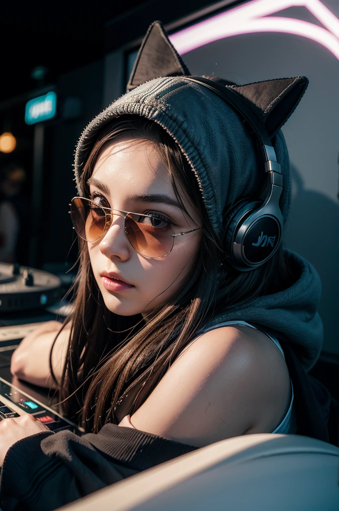 create a dj cat image with hooded headphones and sunglasses utra realistic 4k photo