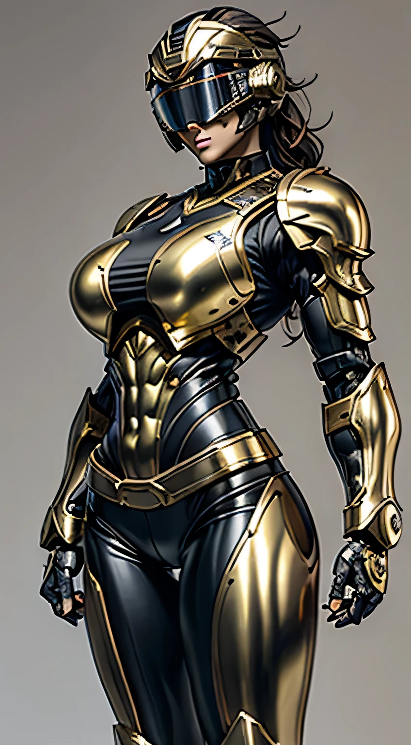 Female Robocop Solo、Bright outdoors、strong light source、8K, high quality, masterpiece, 最high quality, Crisp contrast、Very detailed、Full body armor、Very large armor、Helmet covering the head、Clear photos、His eyes are hidden by thin straight goggles:1.3、The lower half of the face is raw々Shii:1.5、The lower half of the face is exposed、Seductive lips、Black metallic armor、Gold accents、Armor that completely covers the chest、Long, slender legs、Vibrant Posselo Body View,Big and ample breasts:1.5, (Sports Body:1.5)、Five Fingers、Hold a handgun、In the city