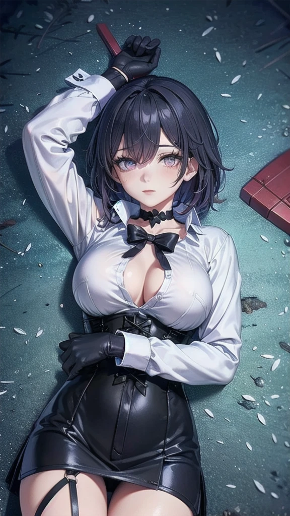 Masterpiece, Beautiful art, professional artist, 8k, Very detailed face, Detailed clothing, detailed fabric, 1 girl, Soul Fullness \(Honkai Impact 3rd\), View from above, lying on the ground, BIG BREASTS, perfectly drawn body, shy expression, pale skin, beautiful face, short dark blue hair, 4k eyes, very detailed eyes, pink cheeks, choker:1.6, (white long sleeve button down shirt with white collar), black gloves, gloves that cover hands, (holds an ax with his right hand), (black leather corset), (shiny black tight mini skirt), Sensual Lips , winter night, show details in the eyes, looking at the viewer, dark forest, Atmosphere, fog, At night