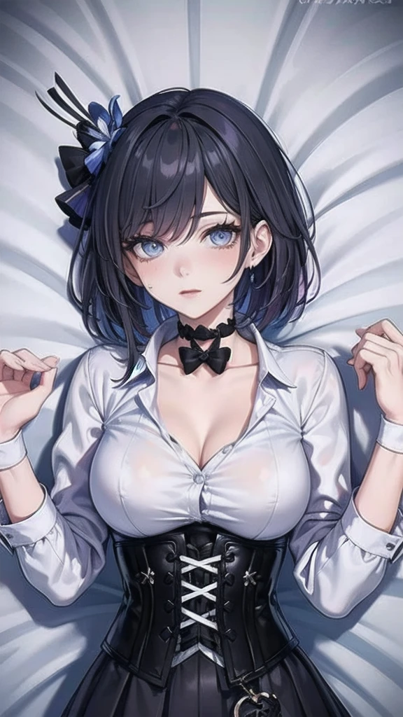  Masterpiece, Beautiful art, professional artist, 8k, Very detailed face, Detailed clothing, detailed fabric, 1 girl, Soul Fullness \(Honkai Impact 3rd\), View from above, lying on the ground, BIG BREASTS, perfectly drawn body, shy expression, pale skin, beautiful face, short dark blue hair, 4k eyes, very detailed eyes, pink cheeks, choker:1.6, (white long sleeve button down shirt with white collar), black gloves, gloves that cover hands, (holds an ax with his right hand), (black leather corset), (shiny black tight mini skirt), Sensual Lips , winter night, show details in the eyes, looking at the viewer, dark forest, Atmosphere, fog, At night