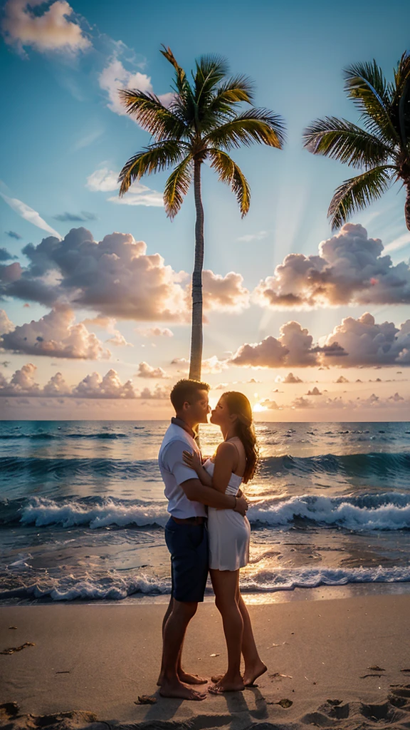 Sunset on a Florida beach: A romantic couple embracing under vibrant sunset skies with palm trees swaying gently in the background, golden sands beneath them, and the ocean's blue waves reflecting the setting sun.