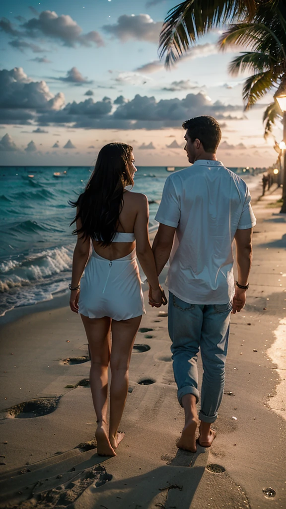 Romantic Miami night: A couple walking hand in hand along the Miami coastline, with city lights sparkling behind them, a gentle breeze blowing, and the sea shimmering under the moonlight.