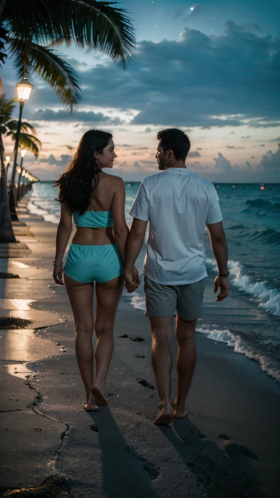 Romantic Miami night: A couple walking hand in hand along the Miami coastline, with city lights sparkling behind them, a gentle breeze blowing, and the sea shimmering under the moonlight.