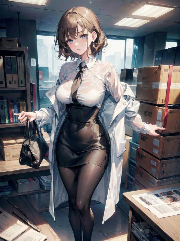 absurdres, RAW photo, extremely delicate and beautiful, masterpiece, Best Quality, ultra high resolution, 16k, hyperrealistic, realistic, photorealistic, photo-realistic, ultra-detailed, perfect anatomy, super Detailed skin, perfect figure, Very detailed CG 8k wallpaper, in her 20s, very Slim body, narrow waist, very small head, very small face, delicate facial features, tearful mole, earring, thin legs, (very huge round breasts), ((full body shot)), short hair, (wavy hair), (light brown hair), (wet clothes), (1 girls), (((office lady suit))), ((dress shirt)), see-through, jacket,