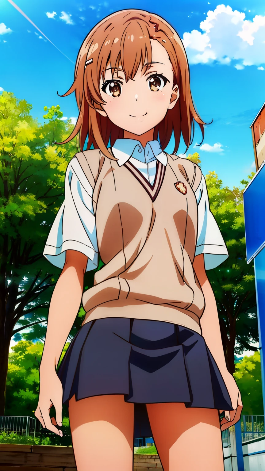 (masterpiece, best quality, 8k:1.2),Very detailed, (anime:1.1), misaka_mikoto, brown hair, medium hair, hairpin, 16 years old, medium breasts, 1girl, (school_uniform, tokiwadai_school_uniform, smile), Cowboy shot, looking at viewer,