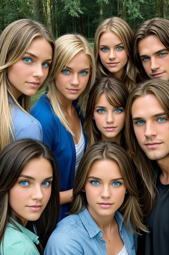4 friends, 2 women and two men, one of the girls has long hair and blue eyes and the other has short hair and green eyes, one of the men has blonde hair and is tall and the other has brown hair and eyes. green 