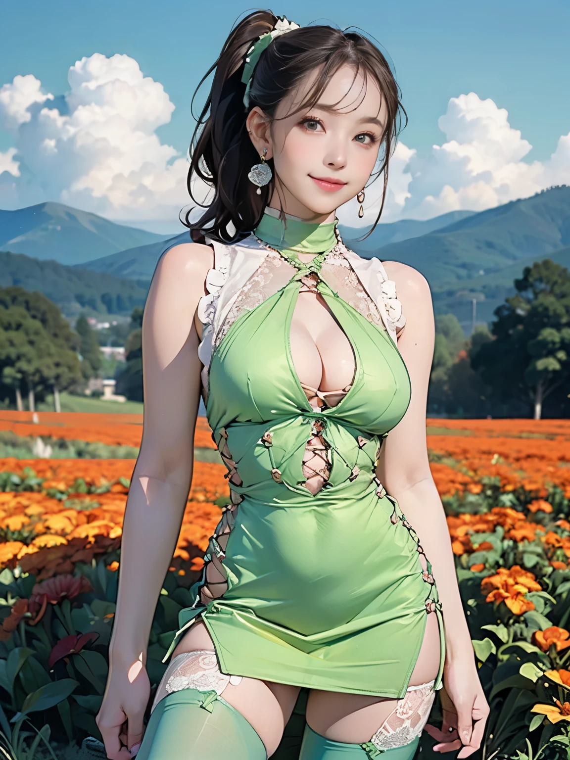 ((((Highest quality))))、(((Ultra-precision CG16K wallpaper)))、(((masterpiece)))、(((Super detailed)))、(((Extreme detail)))、((１Mature 29 year old woman:1.6))、((Very beautiful Japan face of a person))、((Urizane Face:1.8))、((Soft wavy ponytail medium hair:1.6))、(Shiny Hair)、A delicately drawn beautiful face、(Dark Eyes、Detailed pupil and iris、Reflected light from the eye)、double eyelid、High nose、Small nostrils、Small Mouth、Seductive lips、Beautiful breasts、((B cup size breasts))、Cleavage、Delicate nails、Beautiful feet、Thin thighs、eight-headed body、Perfect proportions、Perfect Anatomy、Perfect composition、Beautiful detailed shading、Beautiful, natural lighting、Beautiful detail glow、Depth of written boundary、(((High chroma)))、(((Real:1.9)))、((vivid:1.5))、((Beautiful Skin))、((Skin Texture))、((Realな皮膚感))、(((Cowboy Shot:1.6)))、(((front view、shoot from front、front low angle:1.6)))、(((smile:1.5)))、(((looking at camera:1.6)))、Bright daylight、Natural light、(((background_Flower Field、Mountain、Sky and Clouds:1.5)))、(Gravure idol standing pose:1.6)、(((Light green high neck sleeveless lace-up mini dress:1.7)))、((Scrunchie Ribbon、Wearing earrings:1.5))、((Lace Stockings Clothed))、