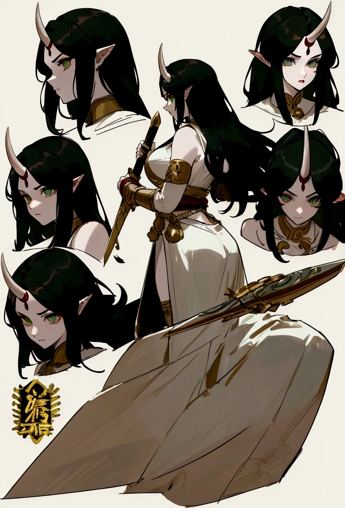 model sheet character, view front, side, back, Female warrior character, with long black hair, green eyes, pale skin, with huge, curved horns like those of a ram, coming out of the temples and curling backwards, wielding a dagger with mastery