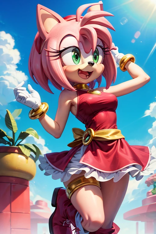 Amy Rose young pink hedgehog with green eyes. It measures 1 meter and weighs approximately 25 kg... She wears a red dress with a white bow on her chest and wears red boots with white details...... She wears a gold bracelet on each wrist and a red diadem on her head...... Her most distinctive feature is her long pink hair that reaches to her waist....., which is often tied in a ponytail.