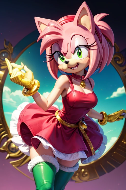 Amy Rose young pink hedgehog with green eyes. It measures 1 meter and weighs approximately 25 kg... She wears a red dress with a white bow on her chest and wears red boots with white details...... She wears a gold bracelet on each wrist and a red diadem on her head...... Her most distinctive feature is her long pink hair that reaches to her waist....., which is often tied in a ponytail.