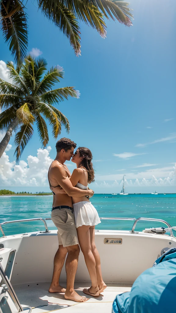 Florida Keys adventure: A couple sailing on a small boat in the Florida Keys, surrounded by clear blue waters and tropical scenery, capturing the essence of love carried by the breeze.