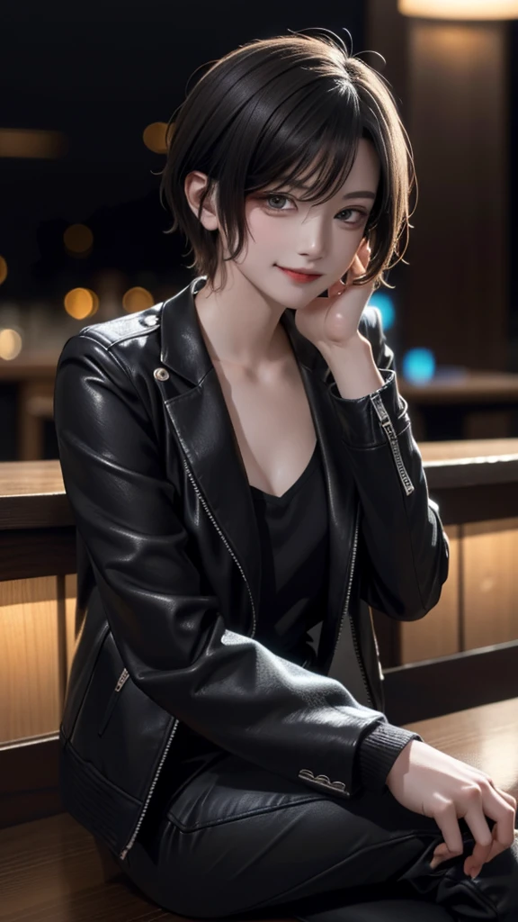 portrait photo of elexissinclaire wearing esjacket at a nightclub sitting at bar, wicked smile, (masterpiece) (best quality) (detailed) (8k) (HDR) (wallpaper) (cinematic lighting) (sharp focus) (intricate)