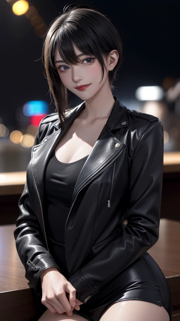 portrait photo of elexissinclaire wearing esjacket at a nightclub sitting at bar, wicked smile, (masterpiece) (best quality) (detailed) (8k) (HDR) (wallpaper) (cinematic lighting) (sharp focus) (intricate)