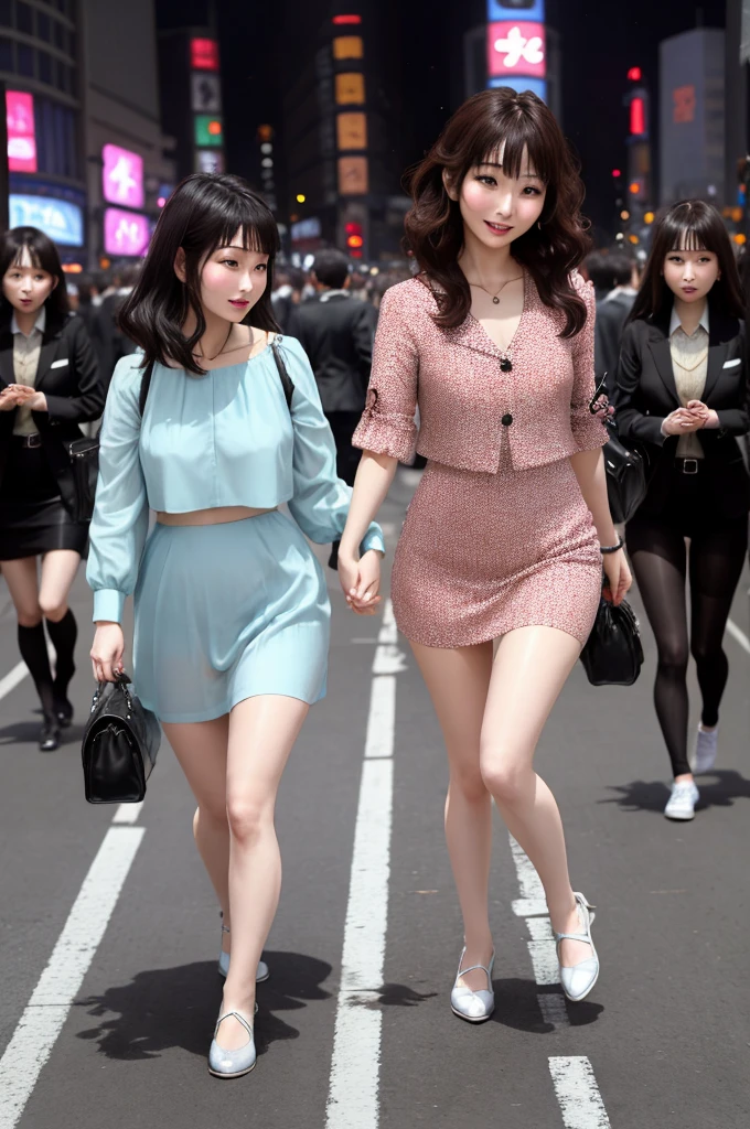 Beautiful women walking through Shibuya Crossing,Everyone is dressed in matching outfits,dance