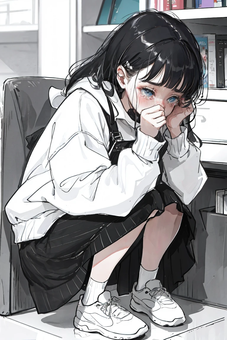 This girl crouches down and cries while looking at her smartphone