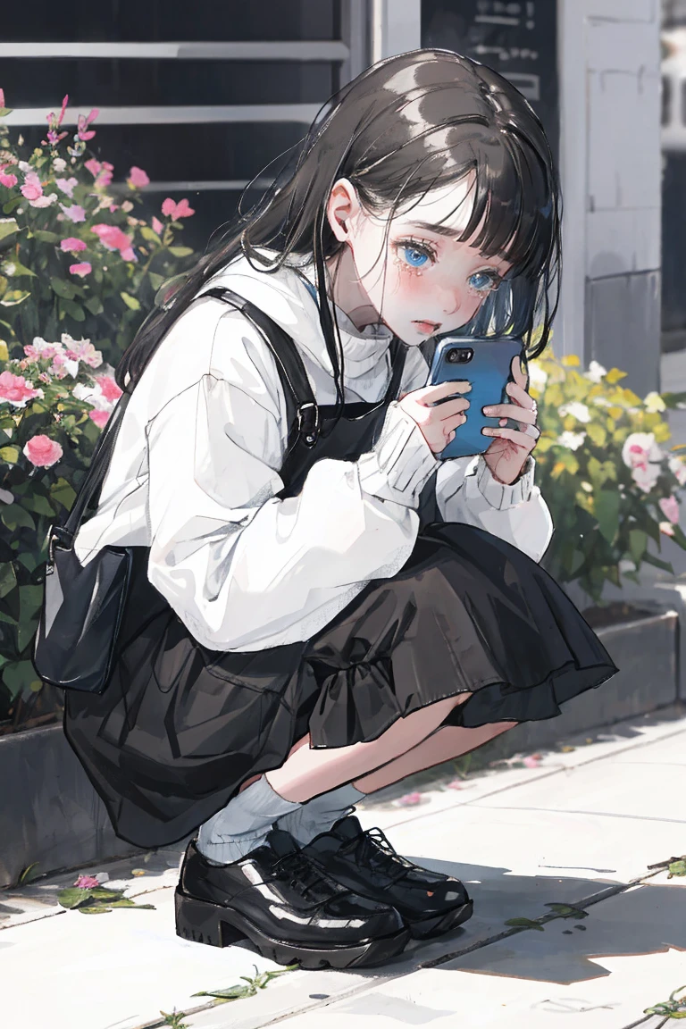 This girl crouches down and cries while looking at her smartphone