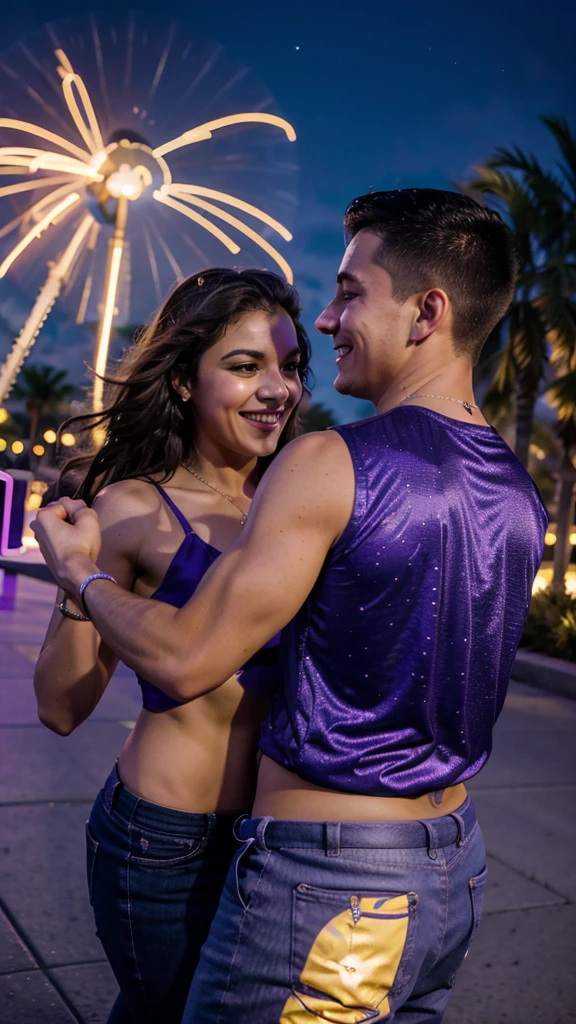 Orlando city lights dance: A couple dancing under the bright stars in the heart of Orlando, with city lights and iconic attractions illuminating their joyful expressions.