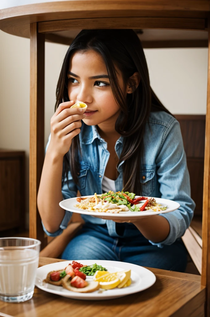 A girl eating under the table