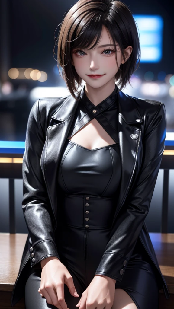 portrait photo of elexissinclaire wearing esjacket at a nightclub sitting at bar, wicked smile, (masterpiece) (best quality) (detailed) (8k) (HDR) (wallpaper) (cinematic lighting) (sharp focus) (intricate)