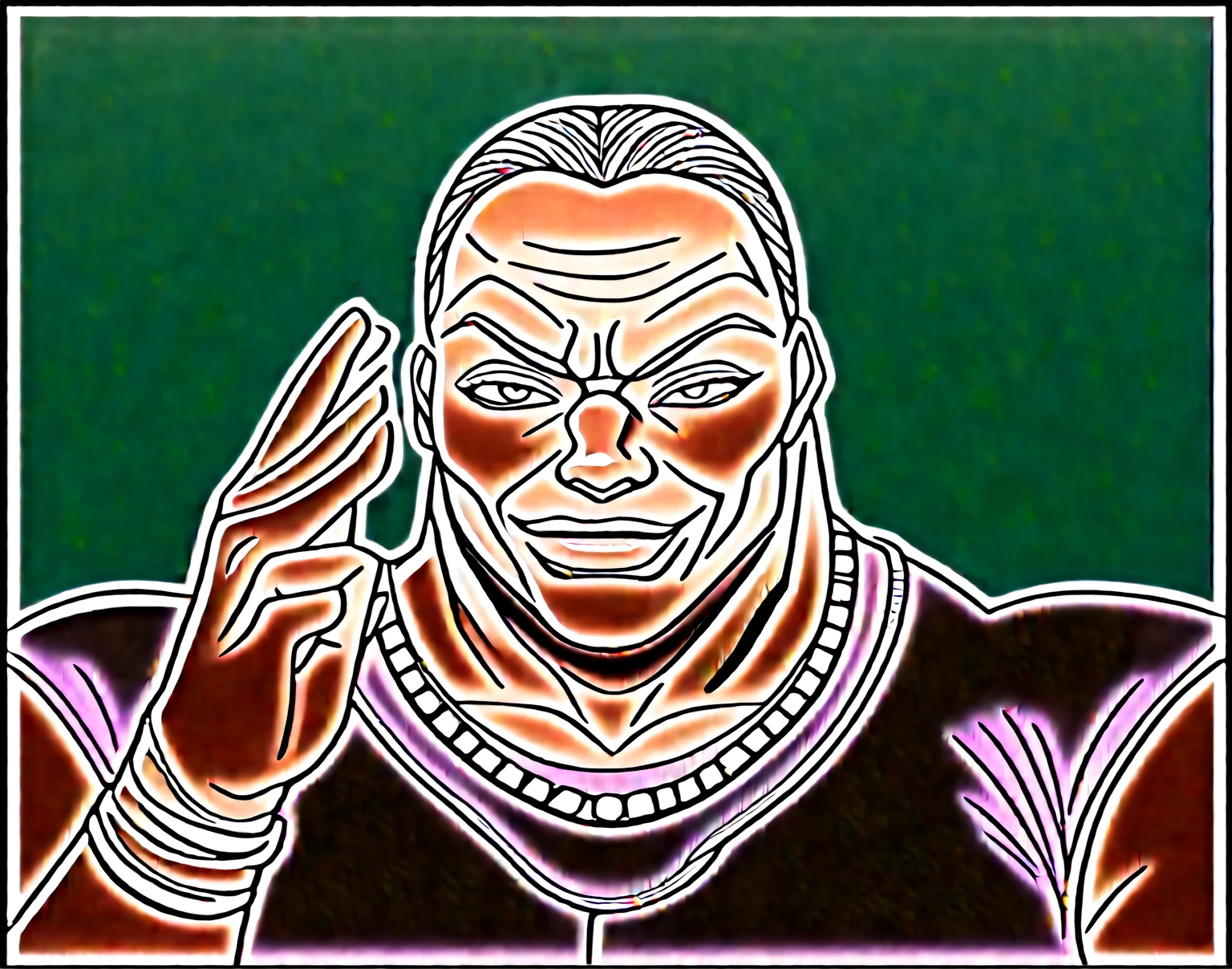 score_9, score_8_up, score_7_up, olivabiscuit, 1boy, solo, purple shirt, necklaces, ring, bracelets, gold, brown eyes, male focus, lips, looking at viewer, short hair, black hair, dark skin, facial hair, dark-skinned male, muscular male, bara, bald, manly, veins, hand focus, pointing at self, dynamic lighting, glare, extremely detailed, portrait, green background,