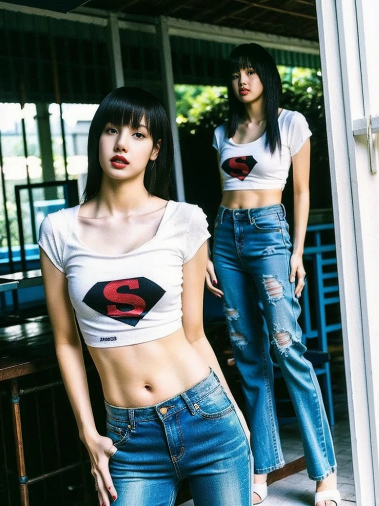 ((Masterpiece)), best quality, absurderes, ultra detailed, holographic, cowboy shot, super cute girl, mature girl, super beautiful asian girl with very beautiful violet glowing eyes, beautiful glowing white multicolored Black hair, nice and sexy body, slim body, perfect body, wearing super tight anime printed short pants, an anime printed super tight shirt, super aesthetic pink jacket, looking to a glowing mirror, seeing a different version of her from other universe