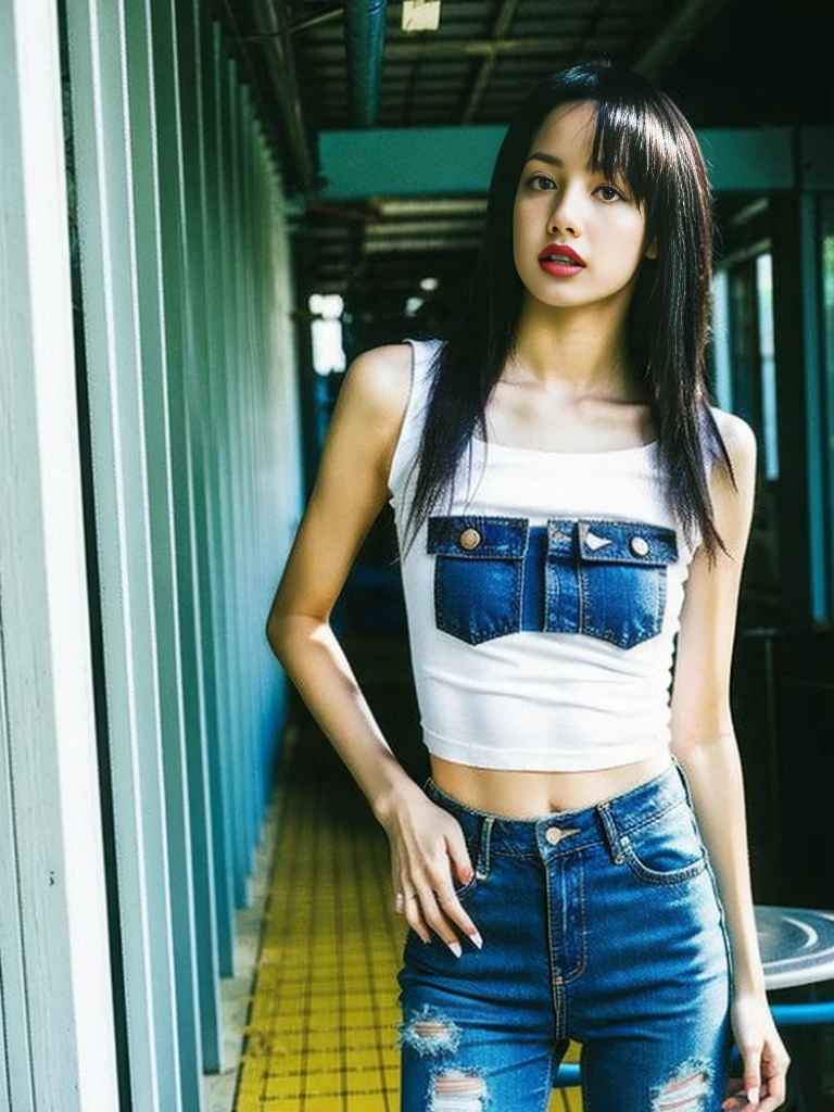 Lisa long hair, lisa face shape, American retro sportswear, short tight slip T-shirt, digital print, denim ripped pants, sexy, long legs, standing pose, masterpiece, superlative, realistic, HD, natural sunlight, 16k