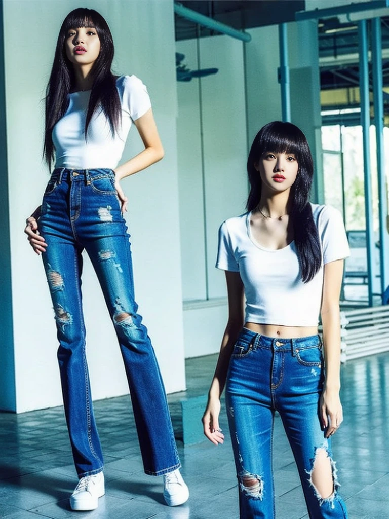 Lisa long hair, lisa face shape, American retro sportswear, short tight slip T-shirt, digital print, denim ripped pants, sexy, long legs, standing pose, masterpiece, superlative, realistic, HD, natural sunlight, 16k