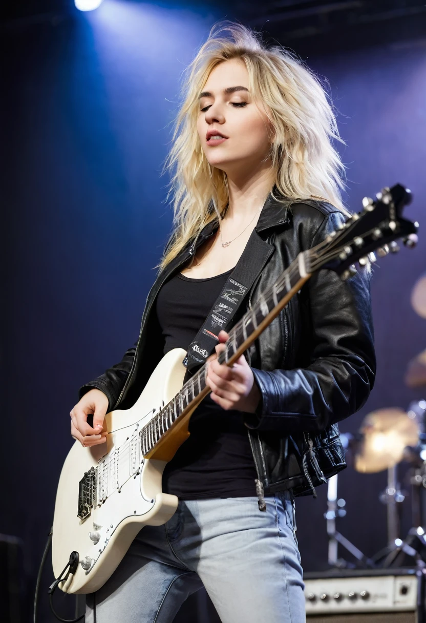 A beauty young woman with disheveled blonde hair and black jacket playing a white electric guitar for the audience on the stage