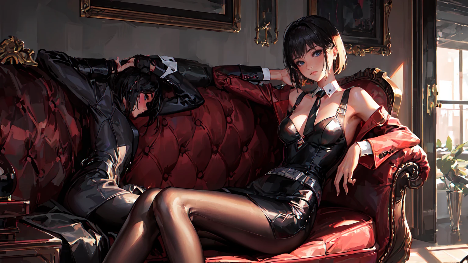 (Epic Showcase Designs in Detail)(Masterpiece, Best Quality, Ultra High Resolution , Digital Art,Beautiful and Aesthetic )Perfect proportions of the body , not an ordinary perspective . ( One Fashionable adult girl with a short oblique bob, slender figure, ) suit in professional performance , long tie , (silk thick threads of red color ) , . The character sits on a large massive leather sofa , an atmospheric pose ,( 2.5D style . realistic anatomy , beautiful perspective . Best image quality , pastel color , focus on the face , well detailed eyes , detailed background in boudoir style . )