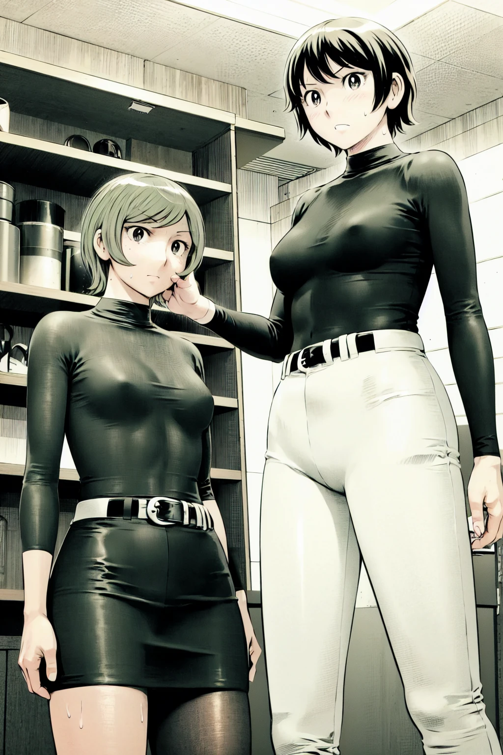 、(masterpiece、Highest quality)、Highest quality, Ultra-high resolution, (((masterpiece))), alone, Sweat、Big eyes,Tight black shirt、Tight white pants、belt、indoor、Composition from the front、(後ろCut your hair short、short hair、blonde、woman)、Shortcuts、Embarrassed face、Cut your hair short、可愛いwomanの子、Big Breasts、office