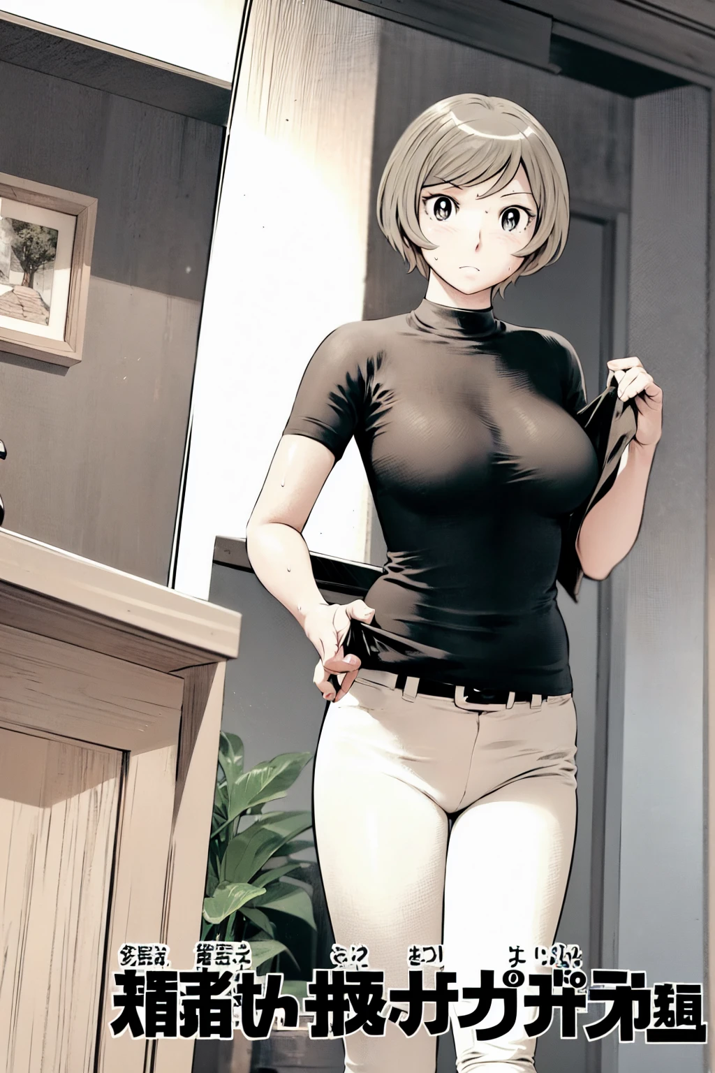 、(masterpiece、Highest quality)、Highest quality, Ultra-high resolution, (((masterpiece))), alone, Sweat、Big eyes,Tight black shirt、 pants、belt、indoor、Composition from the front、(後ろCut your hair short、short hair、blonde、woman)、Shortcuts、Embarrassed face、Cut your hair short、可愛いwomanの子、Big Breasts