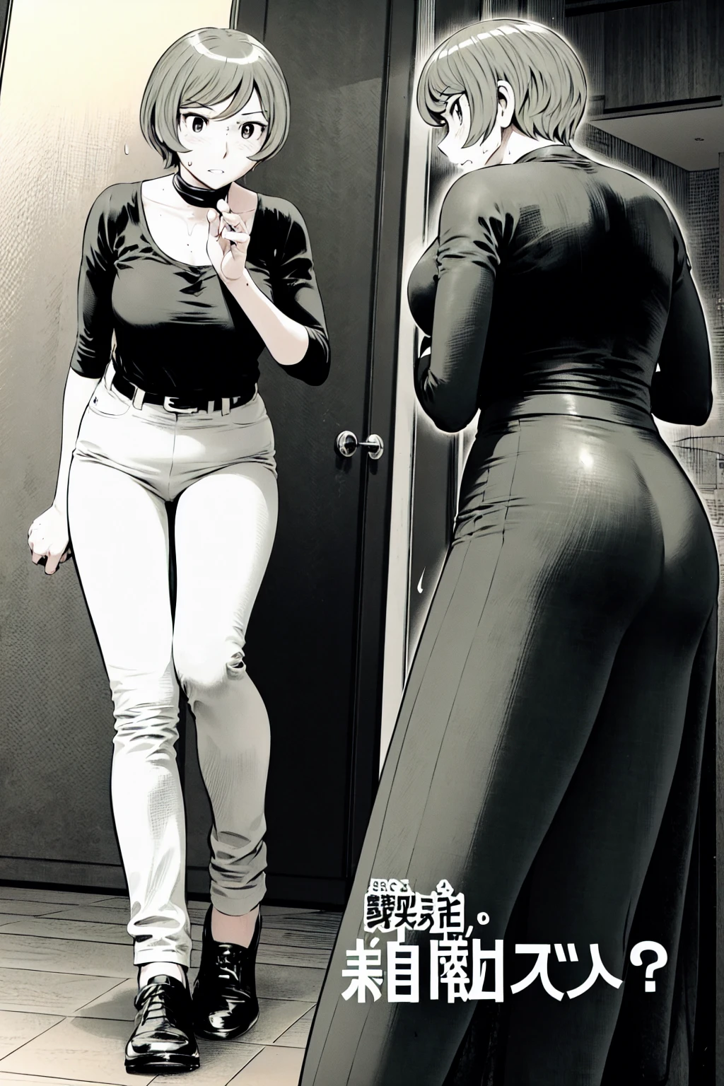 、(masterpiece、Highest quality)、Highest quality, Ultra-high resolution, (((masterpiece))), alone, Sweat、Big eyes,office、Tight white dress shirt、Tight black suit、Tight black pants、indoor、Composition from the front、(Cut the back hair short、short hair、blonde、woman)、Shortcuts、Embarrassed face、Cut your hair short、可愛いwomanの子、Big Breasts