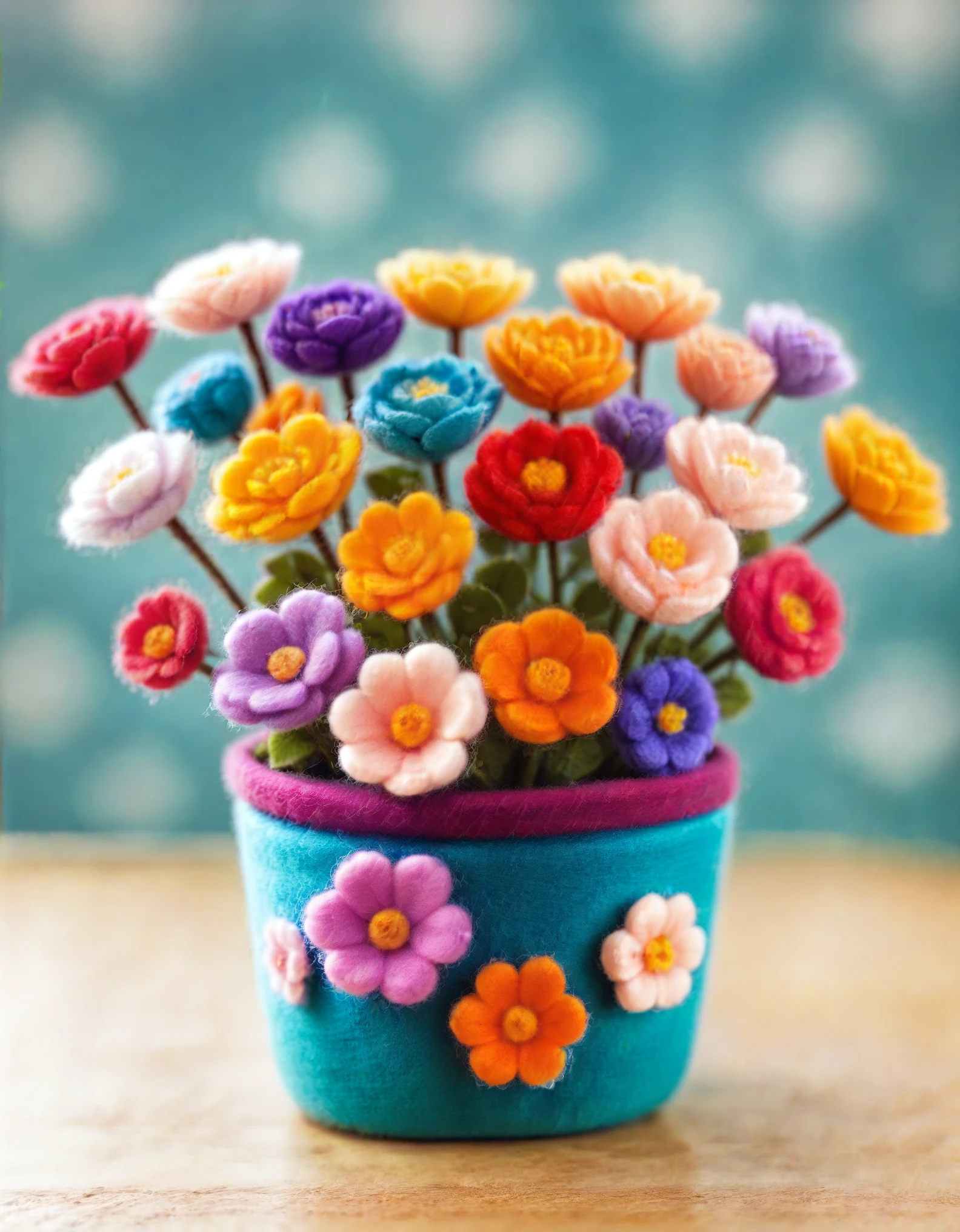 1girl,maozhan, felt style, masterpiece,high quality, the image showcases a vibrant collection of felted flowers,each crafted in various hues of orange,pink,and purple. The flowers are placed in a decorative blue vase,adorned with intricate floral patterns. The backdrop is blurred,emphasizing the flowers and the vase.,