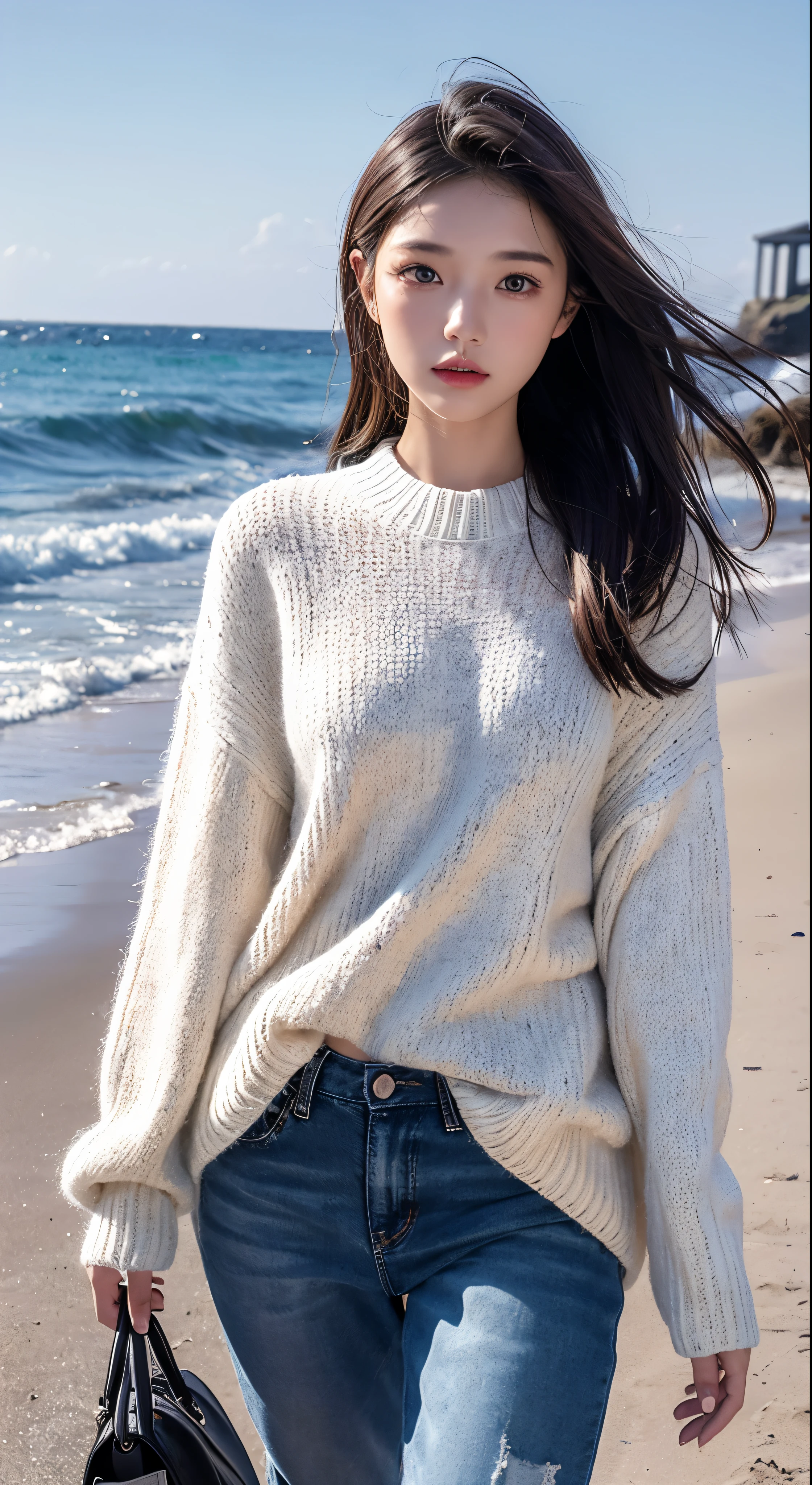 with high definition images，A girl walking along the seashore、Scenic mixed media piece(Photorealistic:1.3)Surrounded by。Wearing a cozy sweater、I&#39;M-san holding a fluffy pillow under her arm。Her solo video shows her with her lips parted and her mouth open.、It has a charm that attracts people&#39;s hearts.