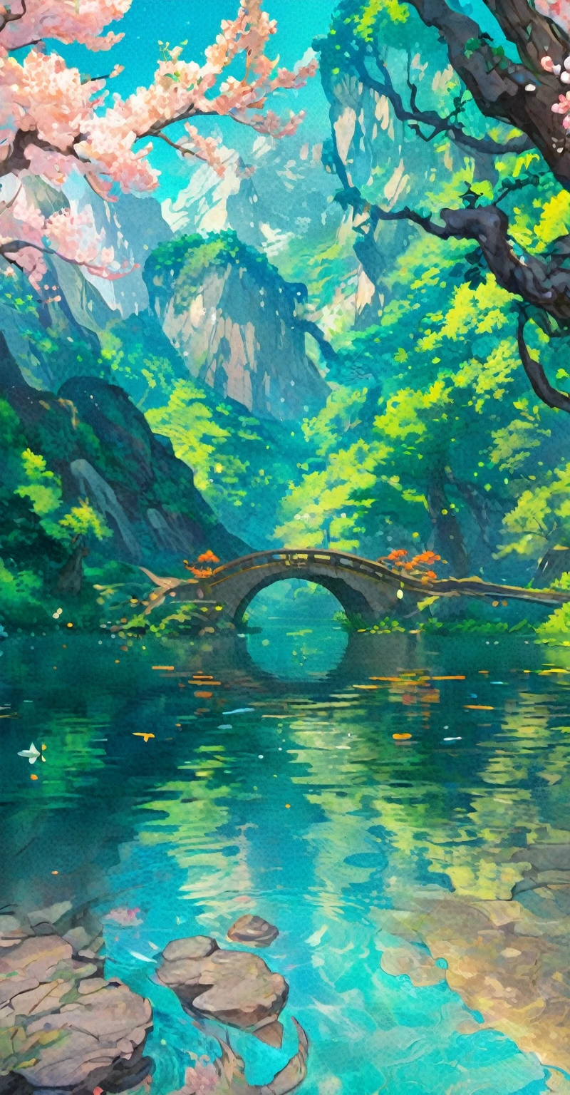 Chinese ancient times, spring, jungle, lake, cave, waterfall, tree, meadow, rock, deer, hot spring, water vapor, (illustration: 1.0), epic composition, realistic lighting, HD details, masterpiece, best quality, (very detailed CG unified 8k wallpaper), digital painting,  локация, локация из игры, большая локация, светящиеся эффекты на заднем плане, туман на первом плане с эффектами сияния, красочное, нет персонажей, без персонажей, только локация, милый стиль, аниме стиль,