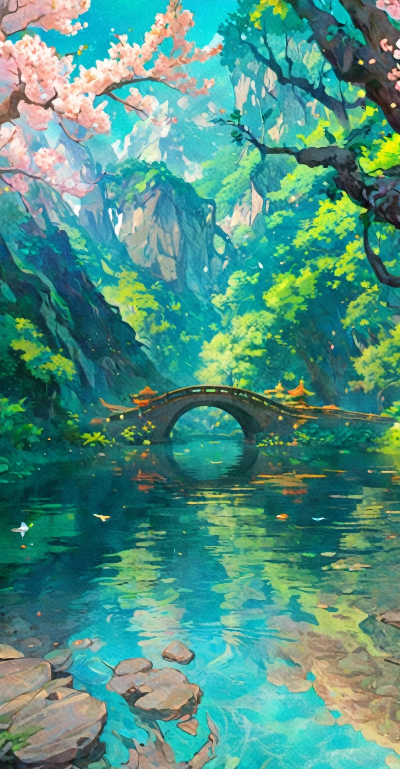 Chinese ancient times, spring, jungle, lake, cave, waterfall, tree, meadow, rock, deer, hot spring, water vapor, (illustration: 1.0), epic composition, realistic lighting, HD details, masterpiece, best quality, (very detailed CG unified 8k wallpaper), digital painting, локация, локация из игры, большая локация, светящиеся эффекты на заднем плане, туман на первом плане с эффектами сияния, красочное, нет персонажей, без персонажей, только локация, милый стиль, аниме стиль,