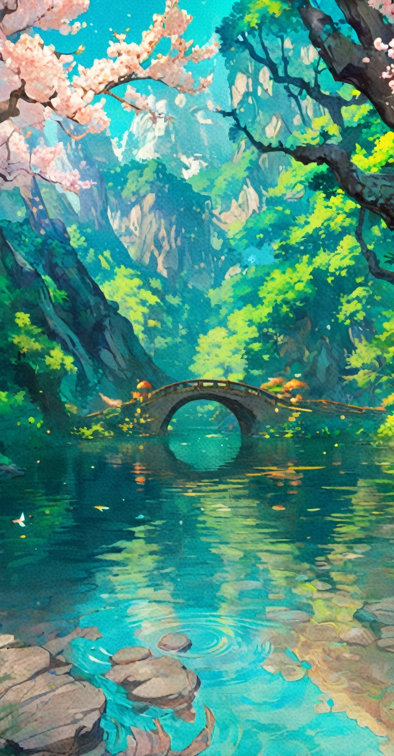 Chinese ancient times, spring, jungle, lake, cave, waterfall, tree, meadow, rock, deer, hot spring, water vapor, (illustration: 1.0), epic composition, realistic lighting, HD details, masterpiece, best quality, (very detailed CG unified 8k wallpaper), digital painting,  локация, локация из игры, большая локация, светящиеся эффекты на заднем плане, туман на первом плане с эффектами сияния, красочное, нет персонажей, без персонажей, только локация, милый стиль, аниме стиль,