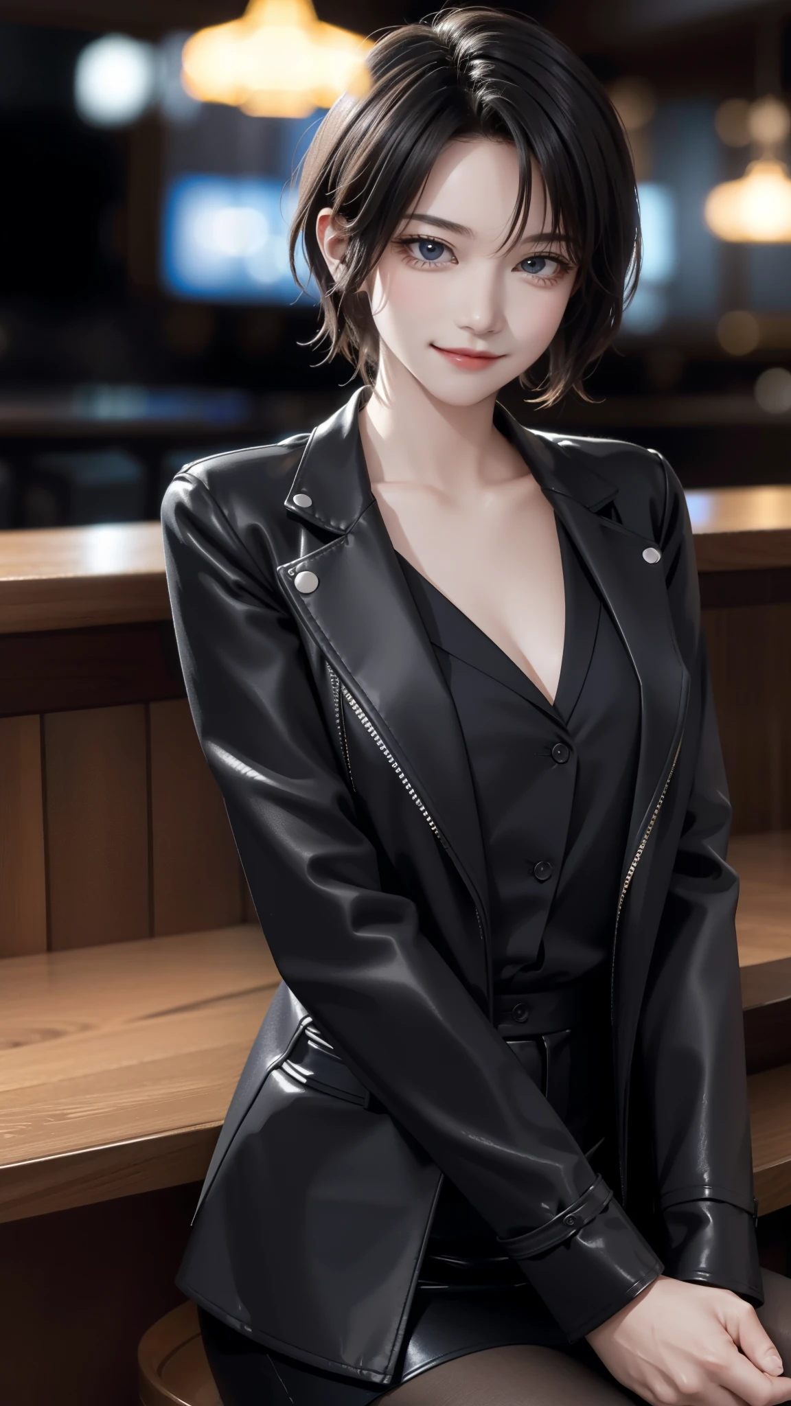 portrait photo of elexissinclaire wearing esjacket at a nightclub sitting at bar, wicked smile, (masterpiece) (best quality) (detailed) (8k) (HDR) (wallpaper) (cinematic lighting) (sharp focus) (intricate)