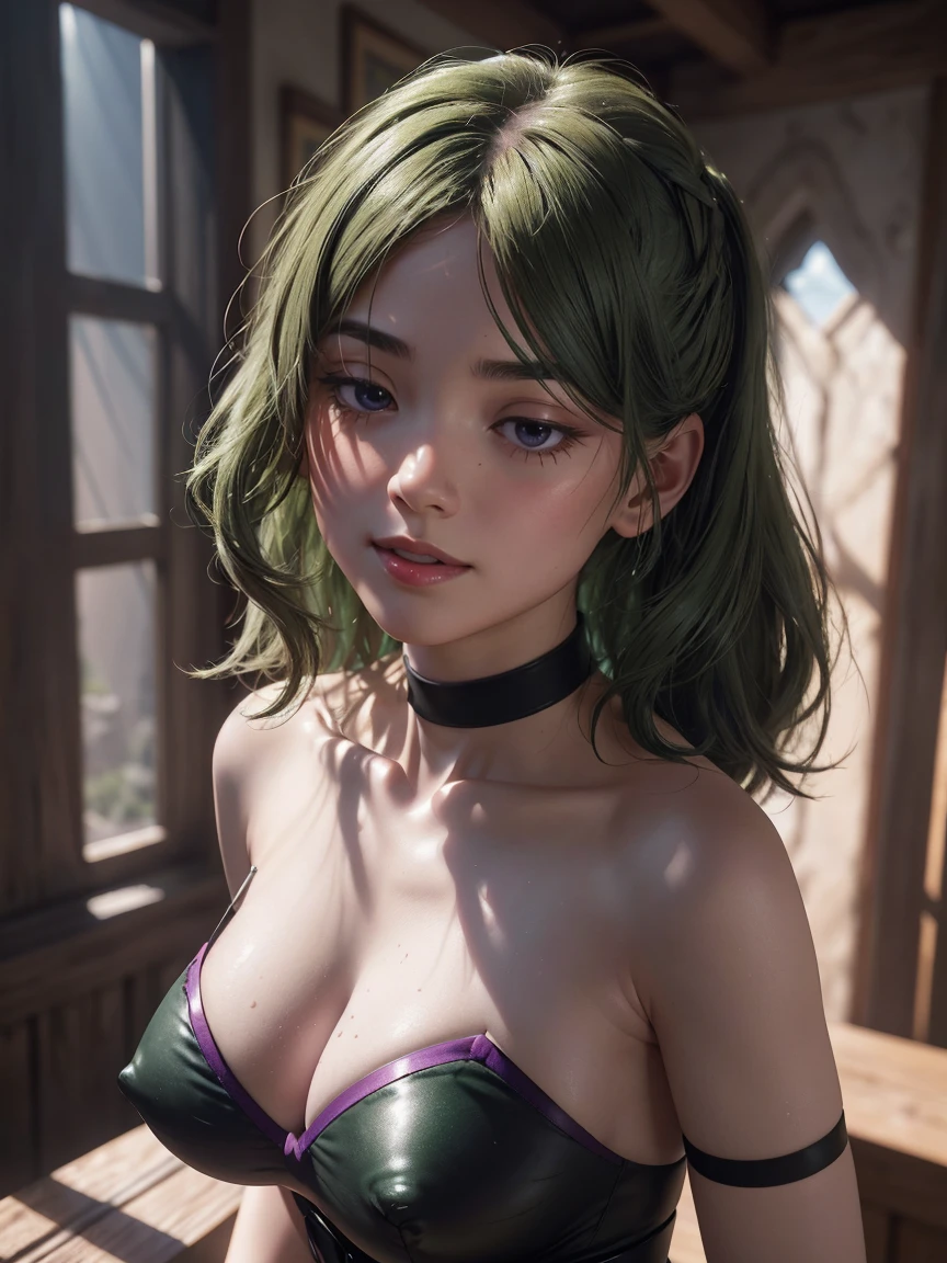 (((ultra realistic))) Photo, masterpiece, top quality, (pale skin), (Ultra detailed face and eyes:1.3), 1 girl, Adult, ((Colored mascara)), (smile), ((large detailed lips)), ((green loose hair)), ((Chyolka)) , (Natural breasts), Slim waist. ((Posing)), photoshoot, studio (soft lighting), (The play of light and shadows), depth of field, bokeh, (special attention to skin detail: 1.2), Detailed leather texture, skin pores. (Warm atmosphere of the frame. Color range: black, purple, Pink, blue tones), UDR, ((Film grain)), ((rays)), (Glare), ((waist up portrait)) , ultra detialed