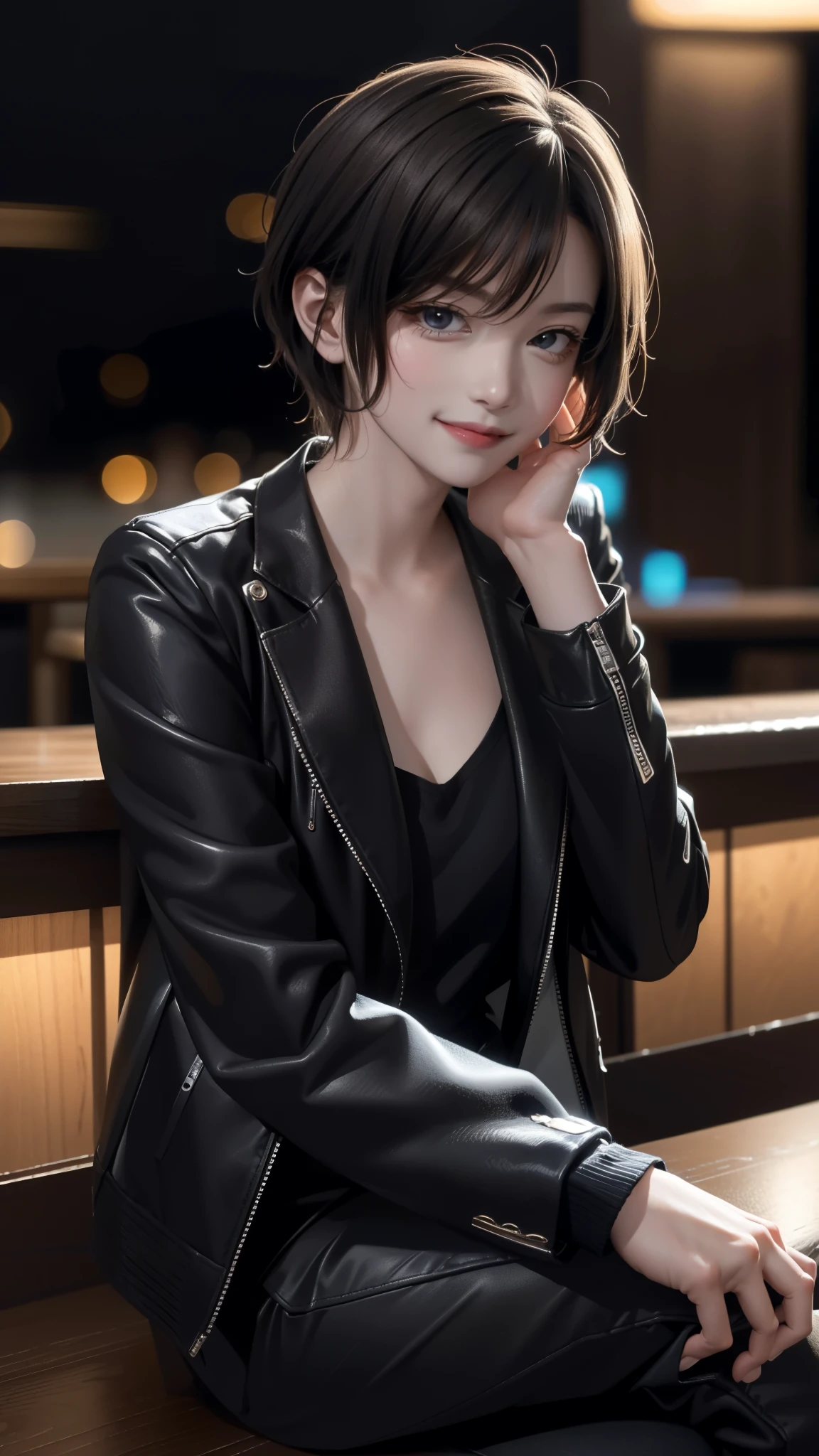 portrait photo of elexissinclaire wearing esjacket at a nightclub sitting at bar, wicked smile, (masterpiece) (best quality) (detailed) (8k) (HDR) (wallpaper) (cinematic lighting) (sharp focus) (intricate)