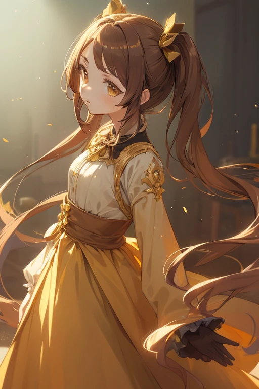 A brown-eyed aristocratic girl with long golden twin tails、Glamorous Dress、arrogant attitude、Fantasy World、Magic Academy Student