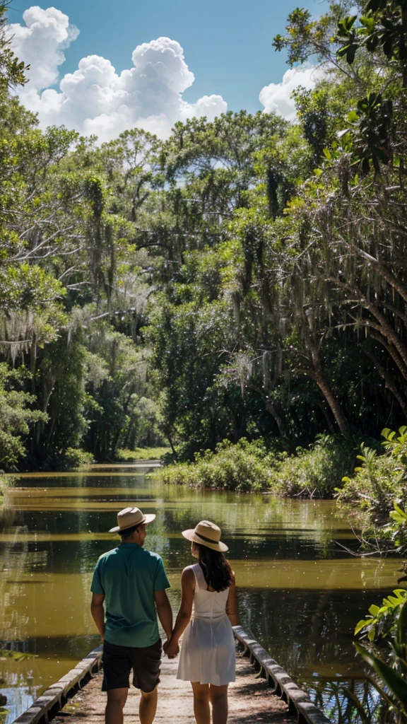Everglades adventure: A couple exploring the Everglades, surrounded by open skies and lush greenery, capturing the magic moments and sweet surprises of their adventure.