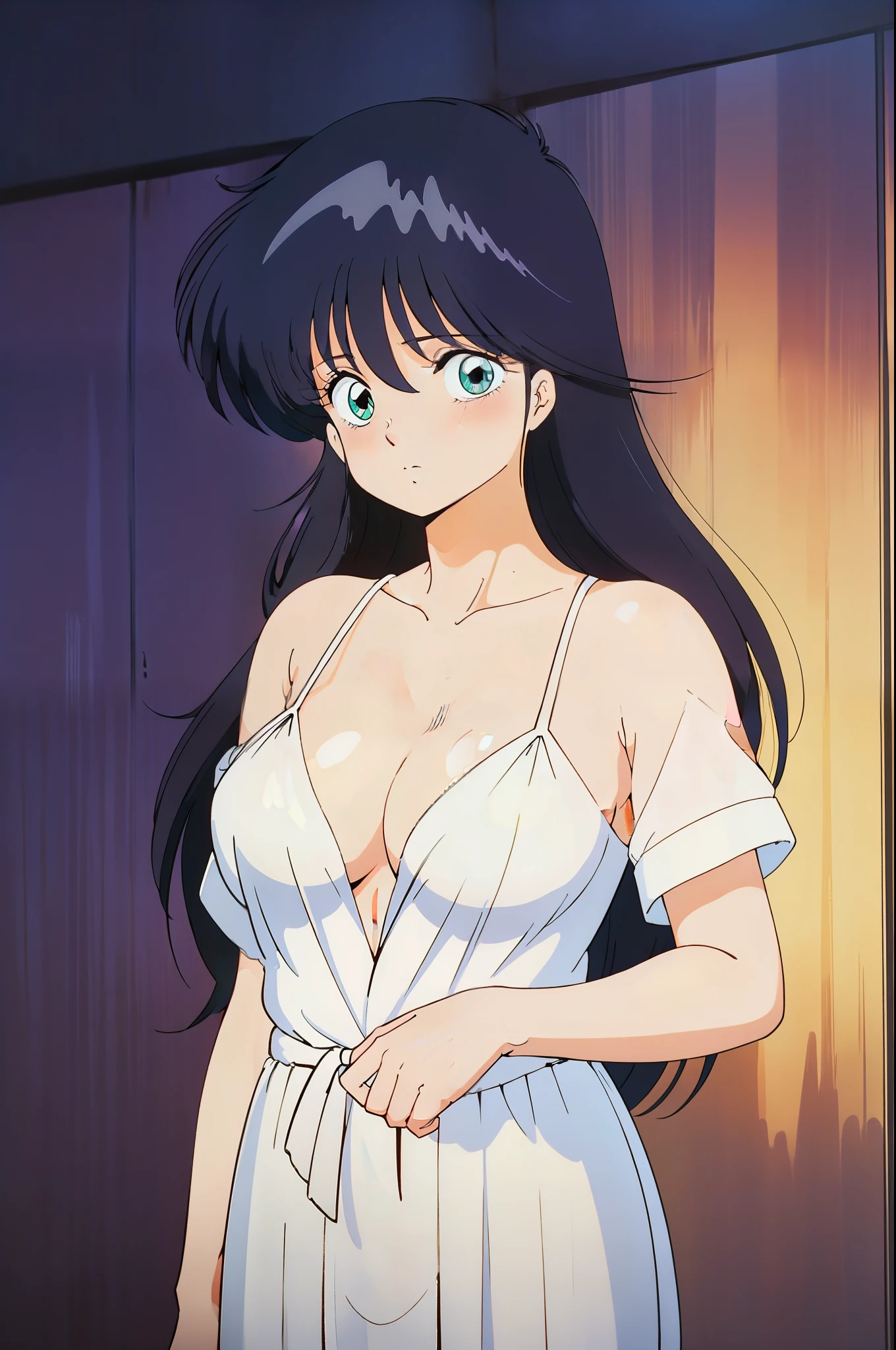 (masutepiece, Best Quality, High resolution:1.5, anime colours, megami magazine:1.2, anime poster style, anime keyvisual, sharp, 8k, photorealistic), (beautiful detailed eyes:1.5, beautiful detailed face:1.2), madoka ayukawa, 1girl, blush, (black hair, Long Hair), (sagging huge breasts), (negligee:1.2, no bra), upper body, (Perfect detailed Anatomy, beautiful detailed hair, beautiful detailed body:1.2, shiny skin), (thick outline, Beautiful outlines, black outlines), simple background:1.5