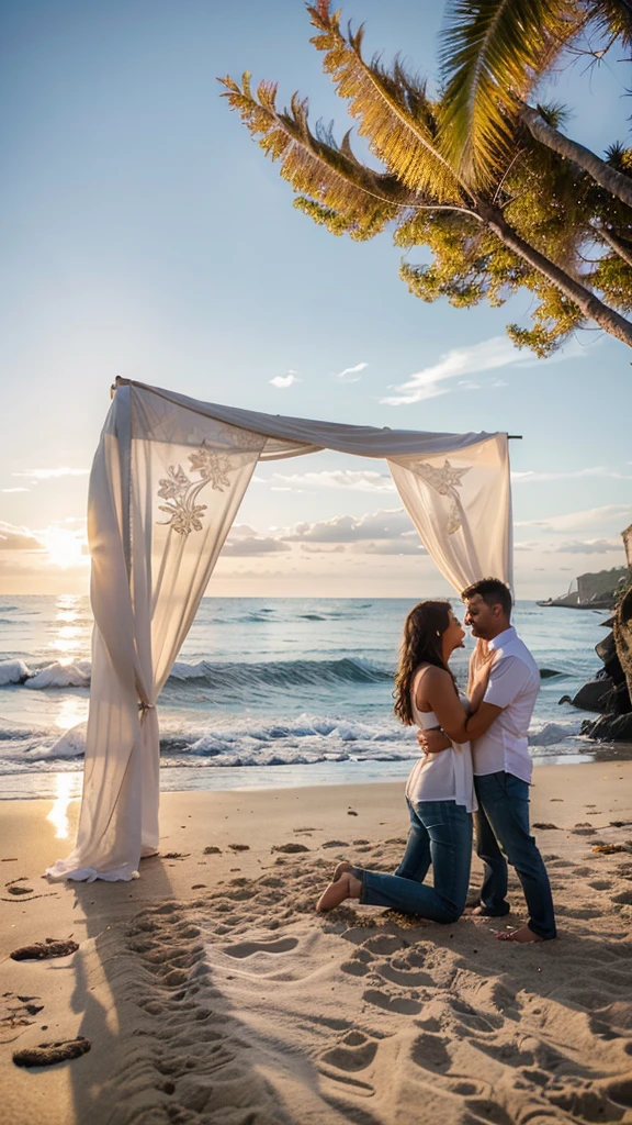 Beachside proposal: A romantic beachside proposal scene, with a couple under a beautifully decorated arch on the beach, waves gently rolling in, and the sun casting a warm glow on their moment.