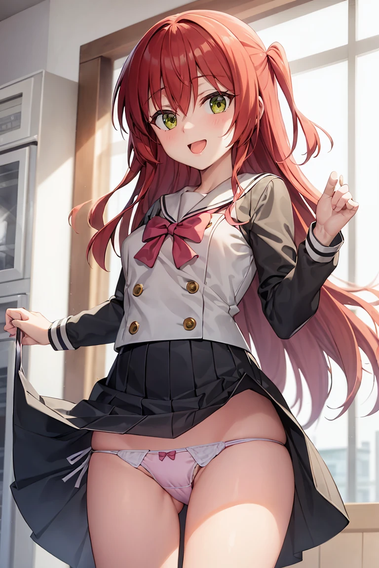 room, 1 Girl, Highest quality, Ultra-high resolution, Long Hair, Redhead, Green Eyes,Sailor suit、mini skirt, Looking at the audience, Small breasts, Are standing, throw, slim body,  body, , smile, Open your mouth,Panty shot,Cute Panties