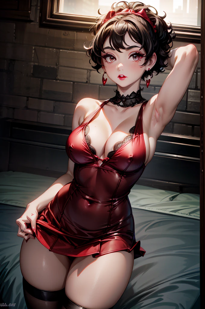 (8K HDR photorealistic pic), Betty Boop, short, althetic, curvy lady, ((tight little red dress)), dark eyebrows, black lipstick, (hoop earrings), dark eyeshadow, black lipstick, curvy, busty, (curly short black hair), shortstack, (retroussé breasts), darling figure, (supple pouting breasts), firm thighs, hourglass figure, kerchief, big brown eyes, dancing seductively