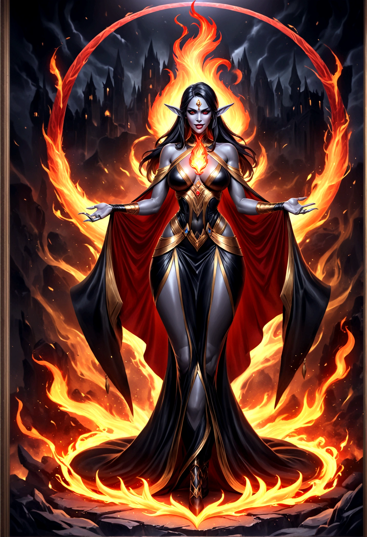 Dark elf in a majestic dress, standing in the center back on the battlefield, dark gray skin, Gray-skinned, elf ears, she has ruby red eyes and gray skin, black hair, Psychotic smile, 35 years, summon fire magic, Magic red light, huge flame, extremely detailed art germ, Artgerm style, in artgerm style, artgerm style, Artgerm in detail, artgerm style, Eli Fall and Artgerm, Samira from League of Legends, drawn in the artgerm style, Artgerm Lau