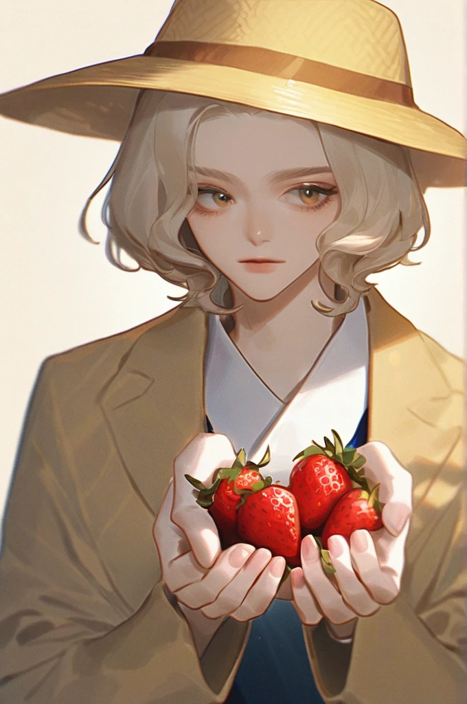 ((Лучшее качество)), ((шедевр)), (подробный), a cat with strawberries in his hands and a yellow panama hat on his head