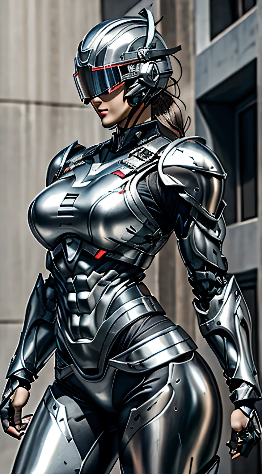 Female Robocop Solo、Bright outdoors、strong light source、8K, high quality, masterpiece, 最high quality, Crisp contrast、Very detailed、Full body armor、Very large armor、Helmet covering the head、Clear photos、His eyes are hidden by thin straight goggles:1.3、The lower half of the face is raw々Shii:1.5、The lower half of the face is exposed、Seductive lips、White metallic armor、Black accent color、Armor that completely covers the chest、Long, slender legs、Vibrant Posselo Body View,Big and ample breasts:1.5, (Sports Body:1.5)、Five Fingers、Hold a handgun、In the city